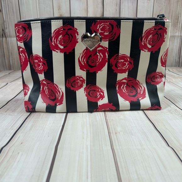 Betsey Johnson Black and Red Floral Stripe Cosmetic Bag. - Picture 1 of 8